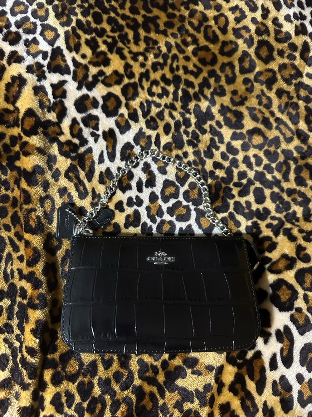 Coach Black Croc-Embossed Chain Wristlet